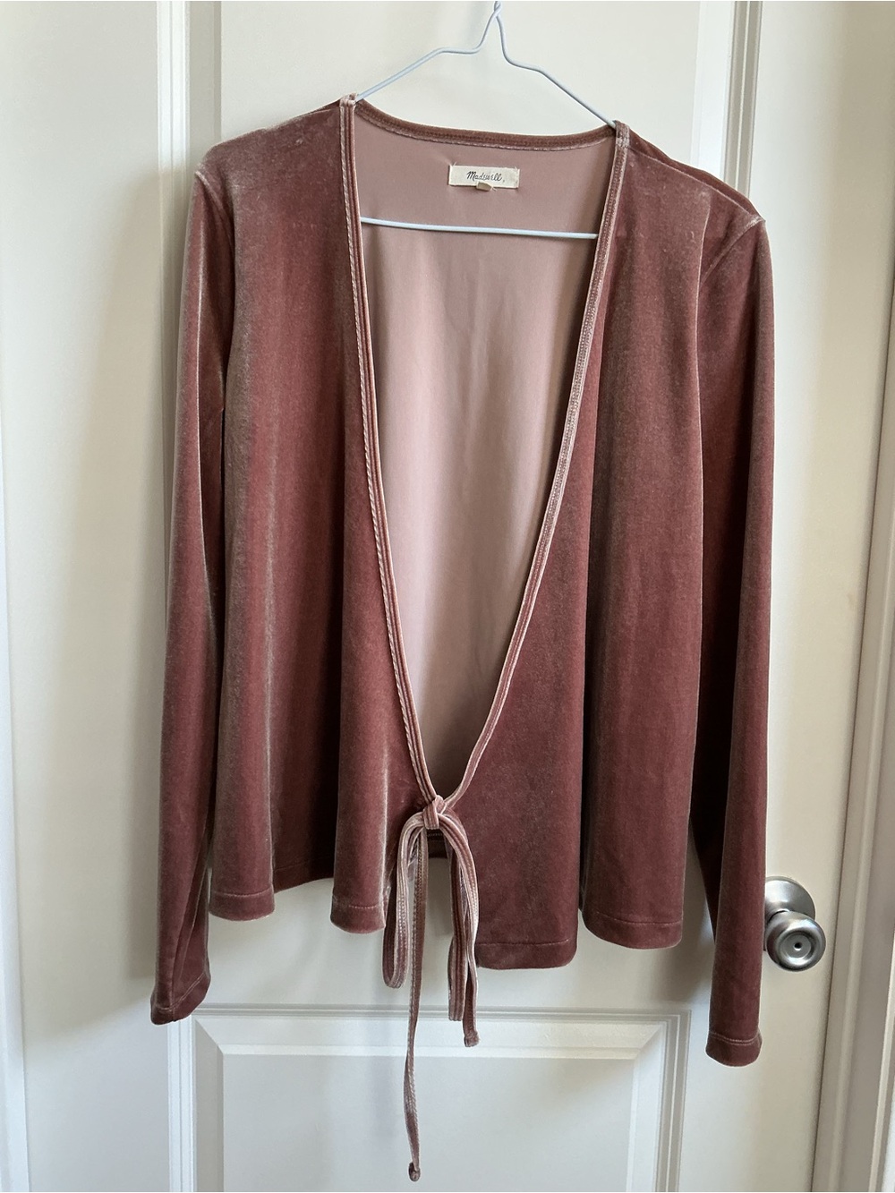 Madewell Dusty Rose Velvet Tie-Front Cardigan